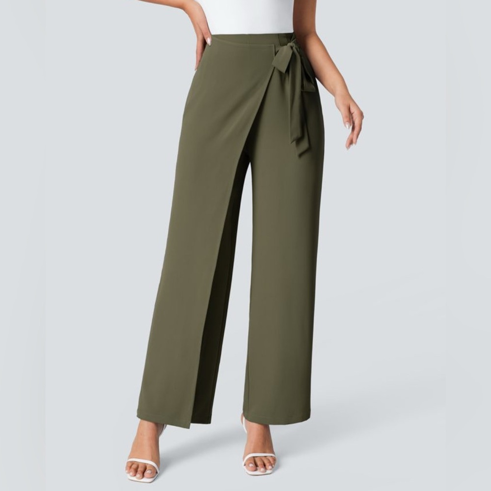 Halara High Waisted Tie Side invisible Zipper Wide Leg Work Pant in Burnt Olive
